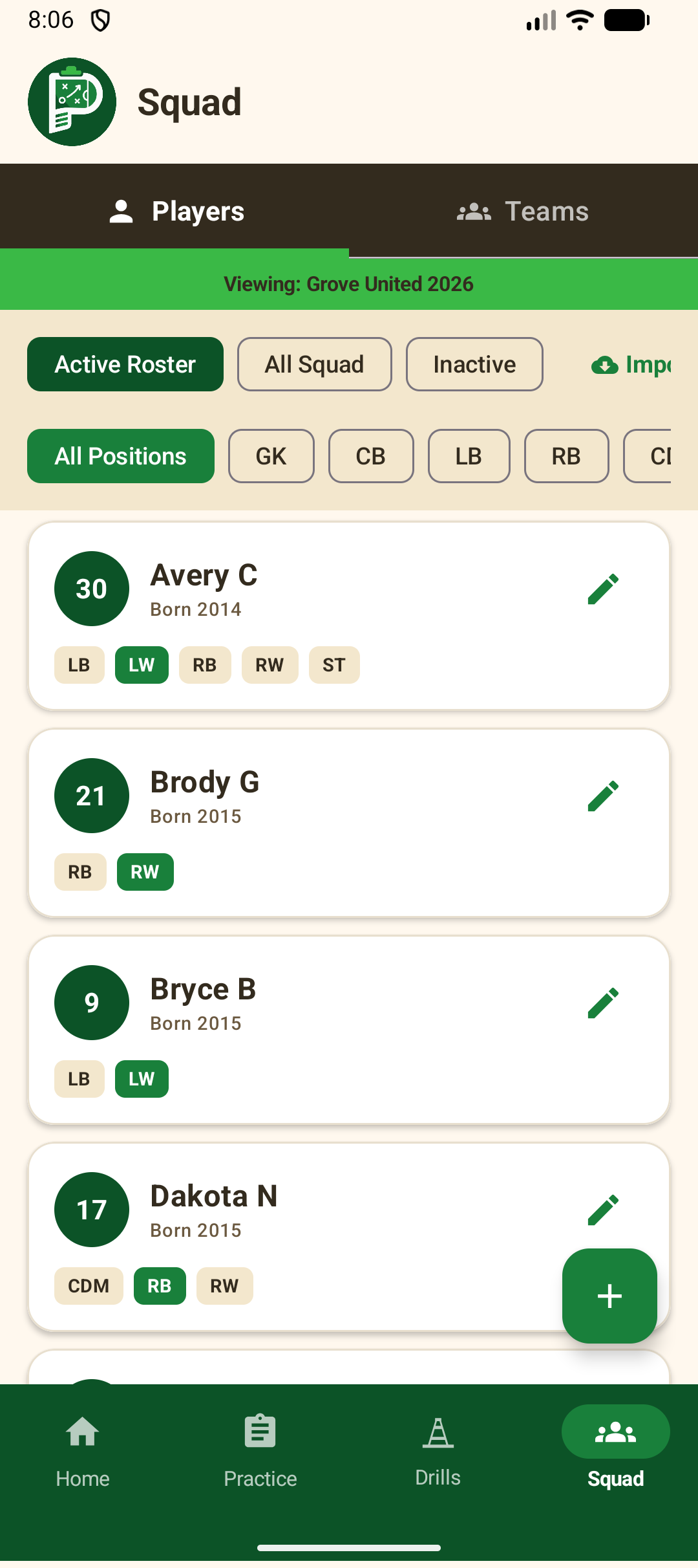 Squad Screen in Practice Planner